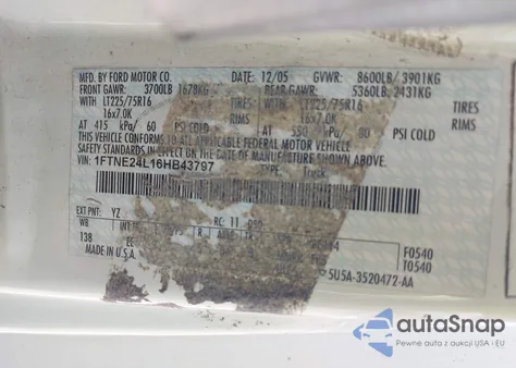 2006 Ford E-250 Commercial/Recreational из США, поврежденный, VIN 1FTNE24L16HB43797